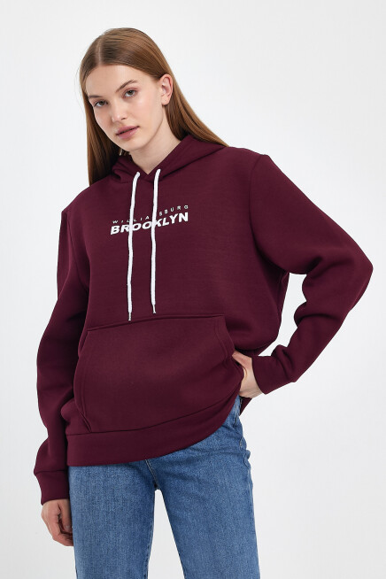 Kadın Kapşonlu Rahat Kalıp İçi Polarlı 3 iplik  W. Brooklyn Baskılı Swetashırt spr24swk04 