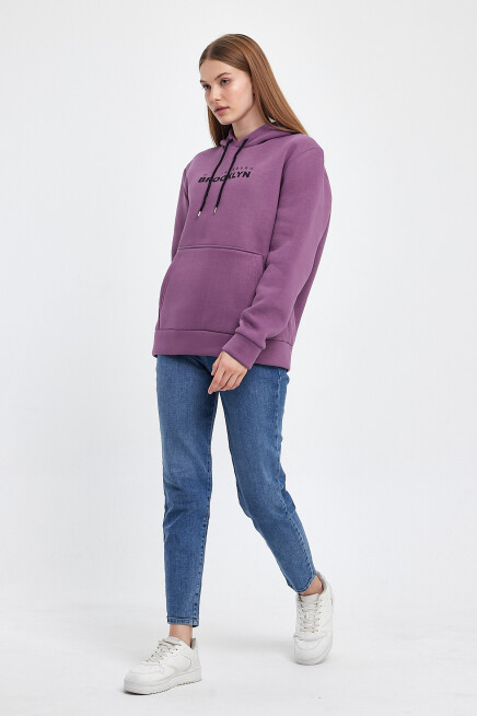 Kadın Kapşonlu Rahat Kalıp İçi Polarlı 3 iplik  W. Brooklyn Baskılı Swetashırt spr24swk04 