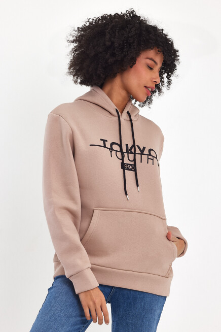 Kadın Kapşonlu Rahat Kalıp İçi Polarlı 3 iplik Tokyo Baskılı Swetashırt Spr24swk12