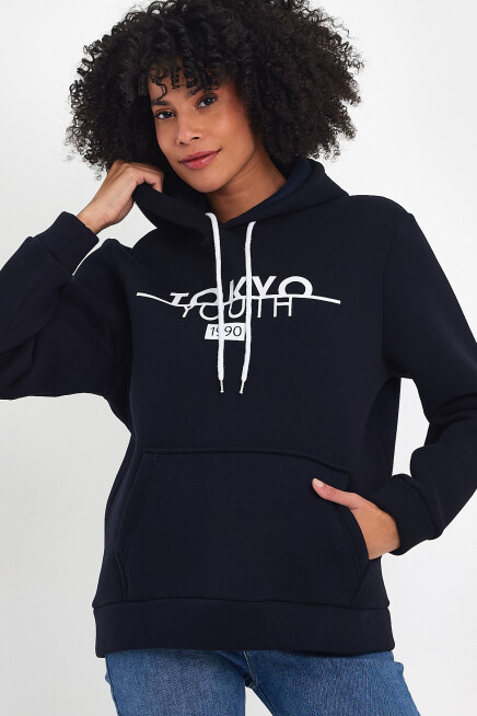 Kadın Kapşonlu Rahat Kalıp İçi Polarlı 3 iplik Tokyo Baskılı Swetashırt Spr24swk12