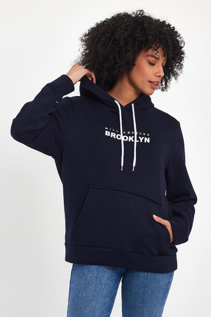 Kadın Kapşonlu Rahat Kalıp İçi Polarlı 3 iplik  W. Brooklyn Baskılı Swetashırt spr24swk04 