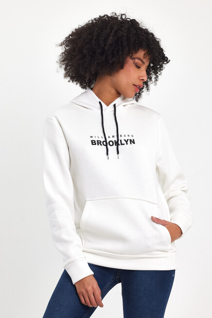 Kadın Kapşonlu Rahat Kalıp İçi Polarlı 3 iplik  W. Brooklyn Baskılı Swetashırt spr24swk04 