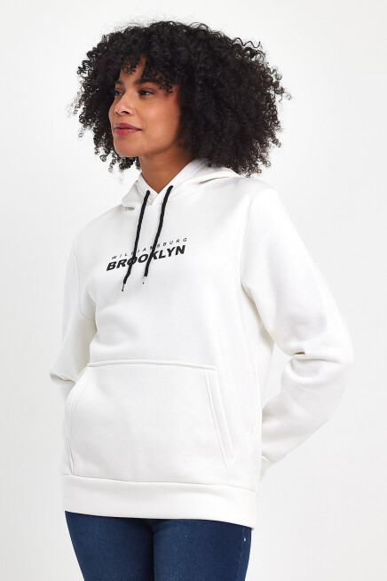 Kadın Kapşonlu Rahat Kalıp İçi Polarlı 3 iplik  W. Brooklyn Baskılı Swetashırt spr24swk04 