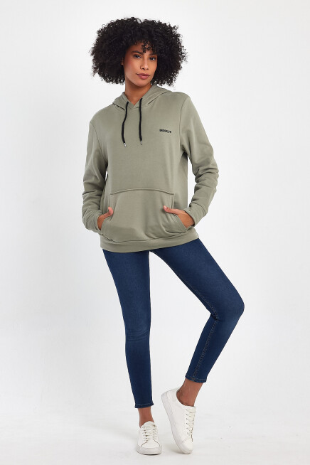 Süperlife Kadın Kapşonlu Regular Fit Baskılı İnce Sweatshirt SPR21K61
