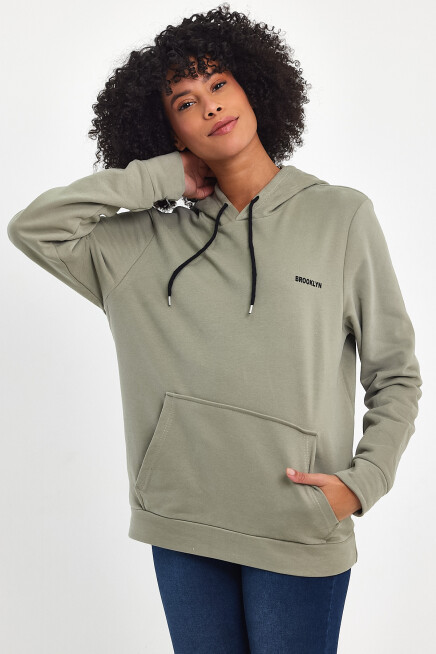 Süperlife Kadın Kapşonlu Regular Fit Baskılı İnce Sweatshirt SPR21K61