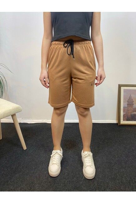 Kadın Rahat Kalıp Beli Lastikli Cepli Basklı Şort spr24srk52