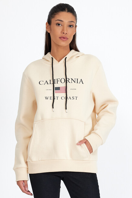 Kadın Kapşonlu Rahat Kalıp İçi Polarlı 3 iplik  Amerikan Baskılı Swetashırt spr24swk01