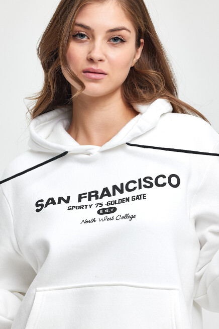 Süperlife Kadın Kapşonlu Rahat Kalıp İçi Polarlı 3 iplik Kanguru Cepli San Francisco Baskılı Swetashırt Spr24swk02