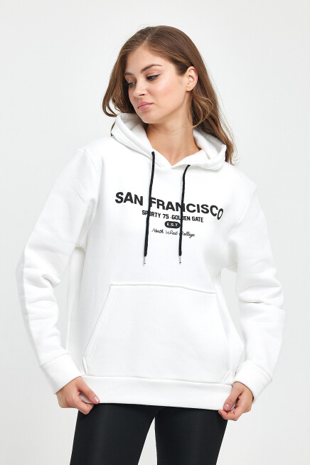 Süperlife Kadın Kapşonlu Rahat Kalıp İçi Polarlı 3 iplik Kanguru Cepli San Francisco Baskılı Swetashırt Spr24swk02