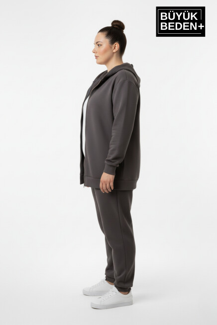 Büyük Beden Kadın Fermuarlı Kapüşonlu Sweatshirt Hırka - Rahat Kalıp SPR26BHR960