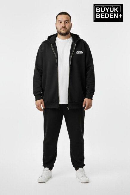 Erkek Büyük Beden Fermuarlı Kapüşonlu New York Baskılı Sweatshirt Hırka SPR26BHR923