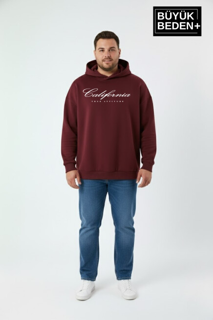 Erkek Büyük Beden Kapşonlu El Yazılı California Baskılı İnce Swatshırt SPR25BSW959