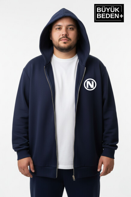 Erkek Büyük Beden Kapüşonlu Fermuarlı N Baskılı Sweatshirt Hırka SPR26BHR922