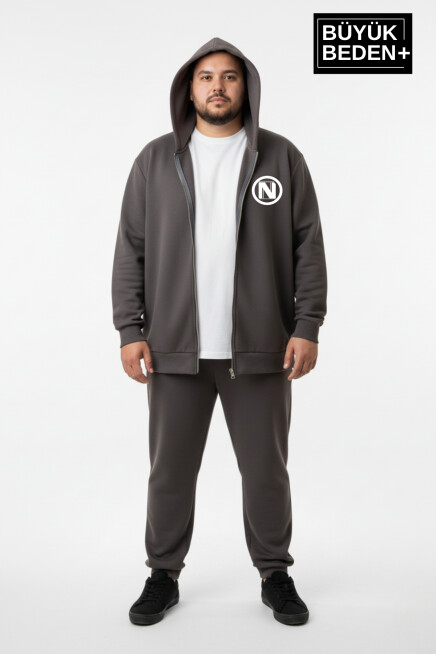Erkek Büyük Beden Kapüşonlu Fermuarlı N Baskılı Sweatshirt Hırka SPR26BHR922