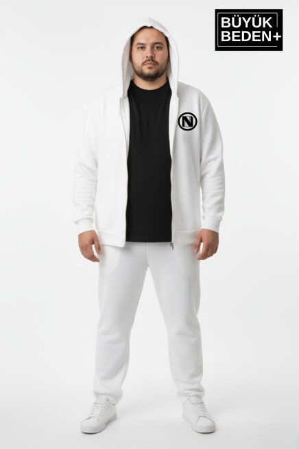 Erkek Büyük Beden Kapüşonlu Fermuarlı N Baskılı Sweatshirt Hırka SPR26BHR922