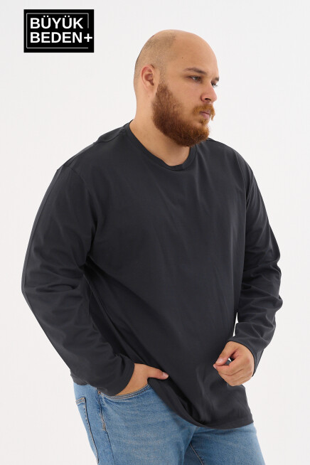 Erkek Büyük Beden Uzun Kollu 2 İplik Bisiklet Yaka Tişört