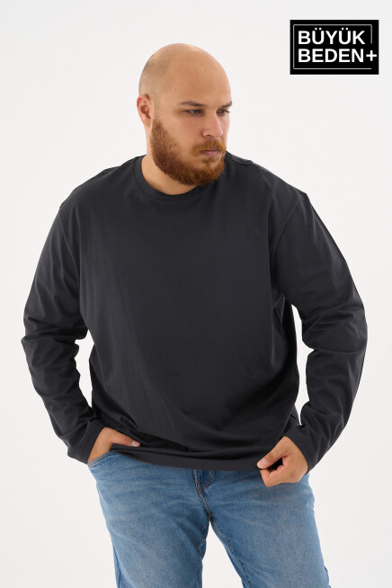 Erkek Büyük Beden Uzun Kollu 2 İplik Bisiklet Yaka Tişört