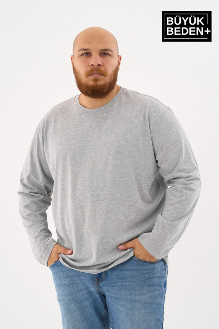 Erkek Büyük Beden Uzun Kollu 2 İplik Bisiklet Yaka Tişört