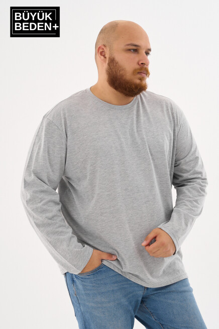 Erkek Büyük Beden Uzun Kollu 2 İplik Bisiklet Yaka Tişört