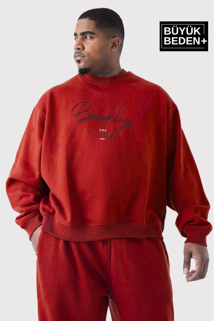 Erkek El Yazılı Brooklyn Baskılı Büyük Beden İnce Bisiklet Yaka Swatshırt SPR25BSW59