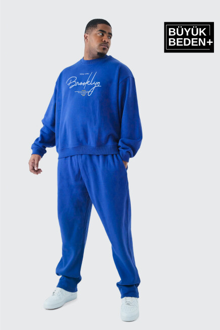 Erkek El Yazılı Brooklyn Baskılı Büyük Beden İnce Bisiklet Yaka Swatshırt SPR25BSW59