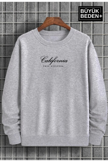 Erkek El Yazılı California Baskılı Büyük Beden İnce Bisiklet Yaka Swatshırt SPR25BSW63