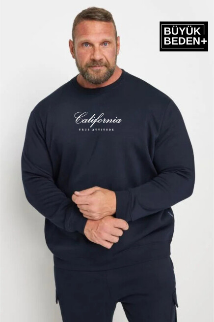 Erkek El Yazılı California Baskılı Büyük Beden İnce Bisiklet Yaka Swatshırt SPR25BSW63