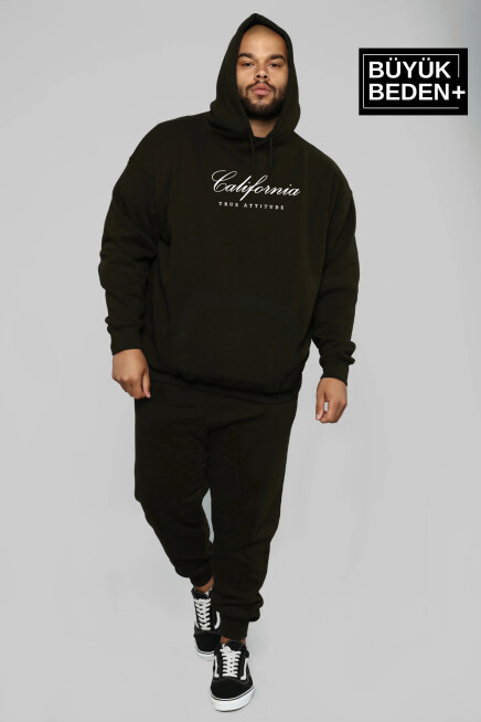 Erkek El Yazılı California Baskılı Büyük Beden İnce Kapşonlu Swatshırt SPR25BSW62