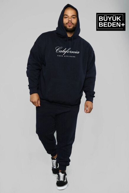Erkek El Yazılı California Baskılı Büyük Beden İnce Kapşonlu Swatshırt SPR25BSW62