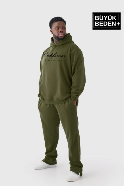 Erkek El Yazılı California Baskılı Büyük Beden İnce Kapşonlu Swatshırt SPR25BSW62