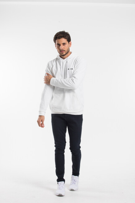 Erkek Kapşonlu Rahat Kalıp İnce AR Baskılı Swetashırt spr24sw122