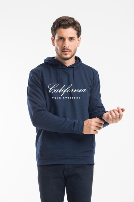 Erkek Kapşonlu Rahat Kalıp İnce El Yazılı Californıa Baskılı Swetashırt spr24sw121