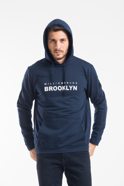 Erkek Kapşonlu Rahat Kalıp İnce Wıllamsburg Brooklyn Baskılı Swetashırt spr24sw123