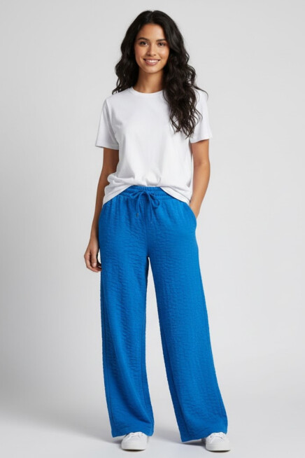 Kadın Bürümcük Kumaş Geniş Paça Pantolon – Rahat Kalıp – Mavi