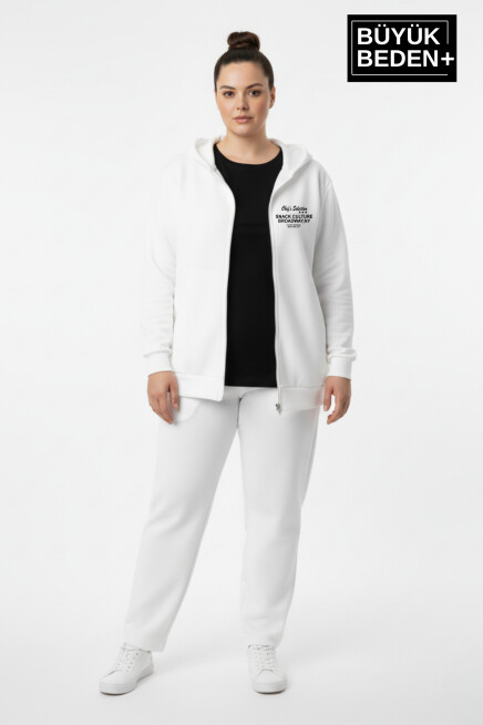 Kadın Büyük Beden Fermuarlı Kapüşonlu Chef Baskılı Sweatshirt Hırka - Rahat Kalıp SPR26BHRK921