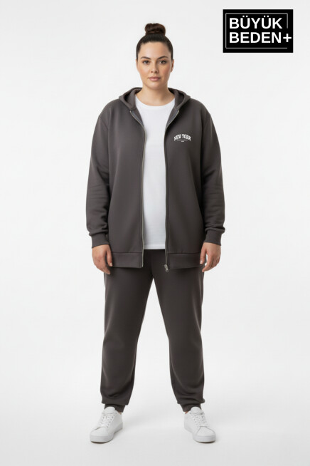 Kadın Büyük Beden Fermuarlı Kapüşonlu New York Baskılı Sweatshirt Hırka SPR26BHR923