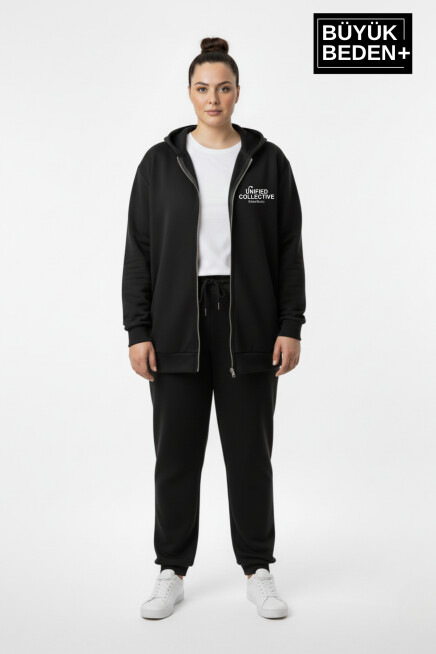 Kadın Büyük Beden  Fermuarlı Kapüşonlu Unified Baskılı Sweatshirt Hırka SPR26BHRK924