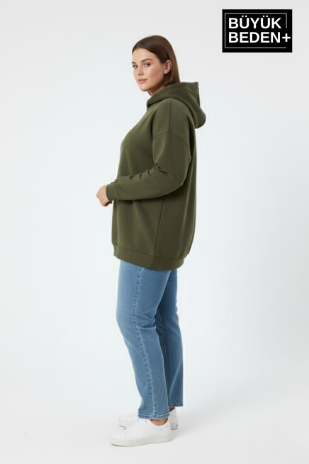 Kadın Büyük Beden İnce Kapşonlu Kollar Ve Etek Ribanalı Swatshırt SPR26BSWK957