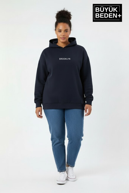 Kadın Büyük Beden Kapüşonlu Brooklyn Baskılı Sweatshirt SPR26BSWK961