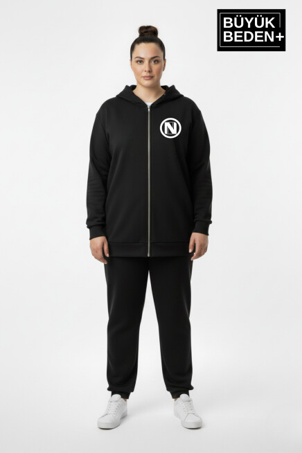 Kadın Büyük Beden Kapüşonlu Fermuarlı N Baskılı Sweatshirt Hırka SPR26BHRK922