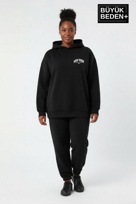 Kadın Büyük Beden New York Baskılı Kapüşonlu Sweatshirt SPR26BSWK962