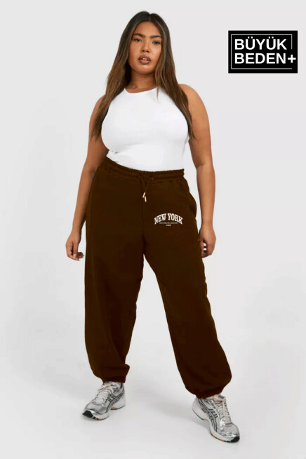 Kadın Büyük Beden Paça Lastikli New York Baskılı İnce Eşofman Altı  SPR25BEAK48