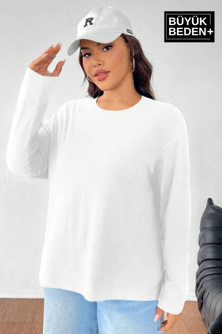 Kadın Büyük Beden Uzun Kollu 2 İplik Bisiklet Yaka Tişört