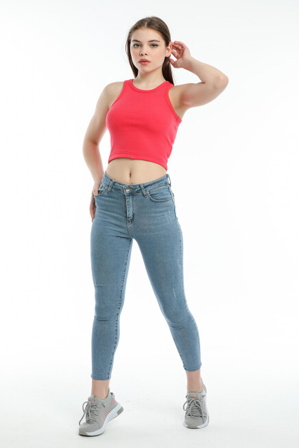 Süperlife Kadın Crop Örme Arkası Yüksek Yaka Slim Fit  Atlet-Tişort SPR21Y11