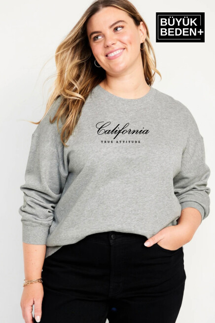 Kadın El Yazılı California Baskılı Büyük Beden İnce Bisiklet Yaka Swatshırt SPR25BSWK63