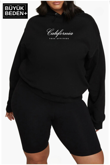 Kadın El Yazılı California Baskılı Büyük Beden İnce Kapşonlu Swatshırt SPR25BSWK62