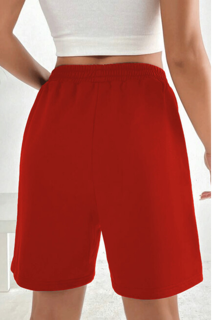 Kadın Rahat Kalıp Beli Lastikli Cepli Basklı Şort spr24srk52