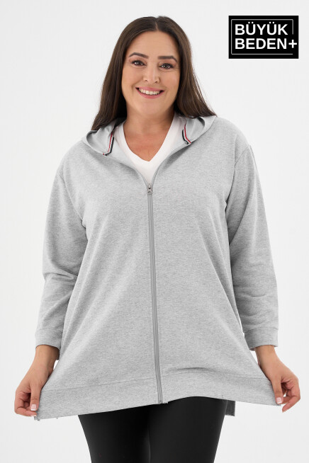 Kadın Tunik Büyük Beden Fermuarlı Kapşonlu Sweat Hırka SPR26BTK955