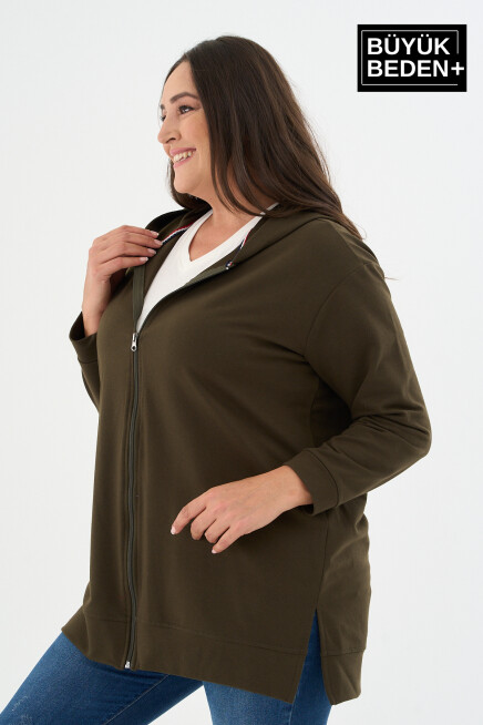 Kadın Tunik Büyük Beden Fermuarlı Kapşonlu Sweat Hırka SPR26BTK955