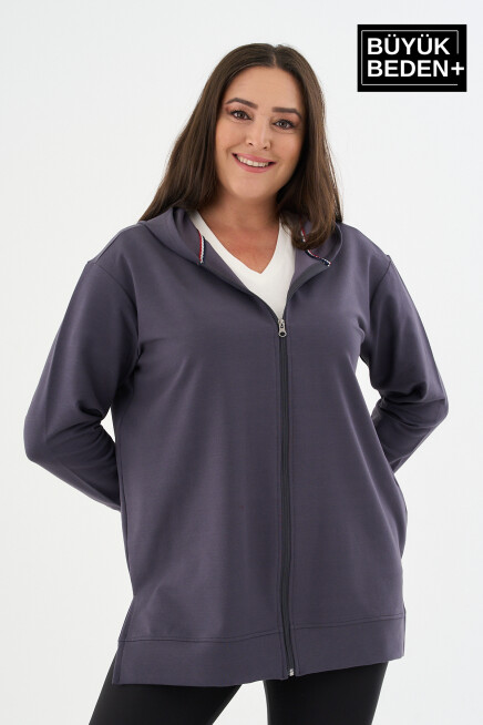 Kadın Tunik Büyük Beden Fermuarlı Kapşonlu Sweat Hırka SPR26BTK955